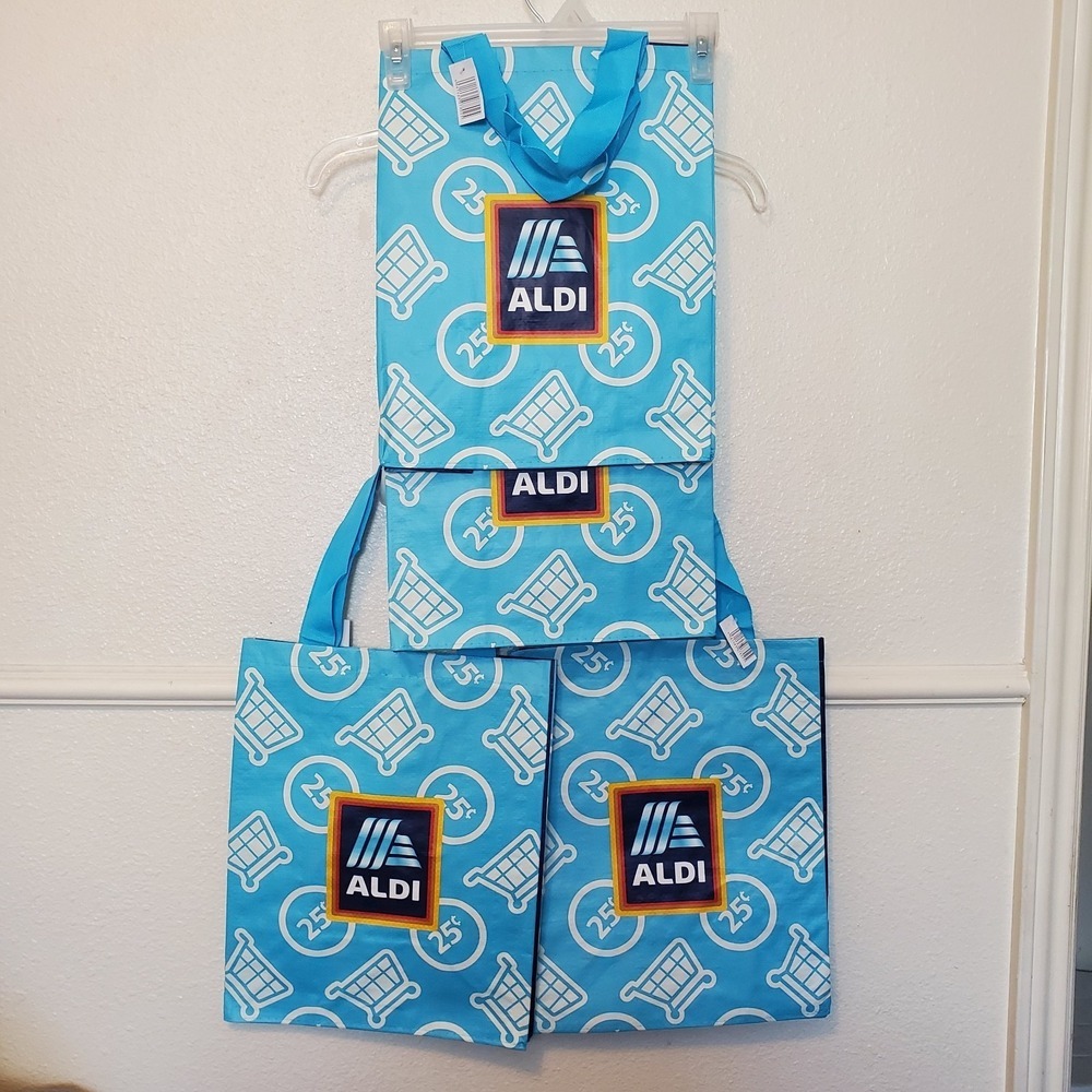 Aldi Reusable Grocery Shopping Bag Set of 4 Blue 25 Cent Cart Logo Totes NEW